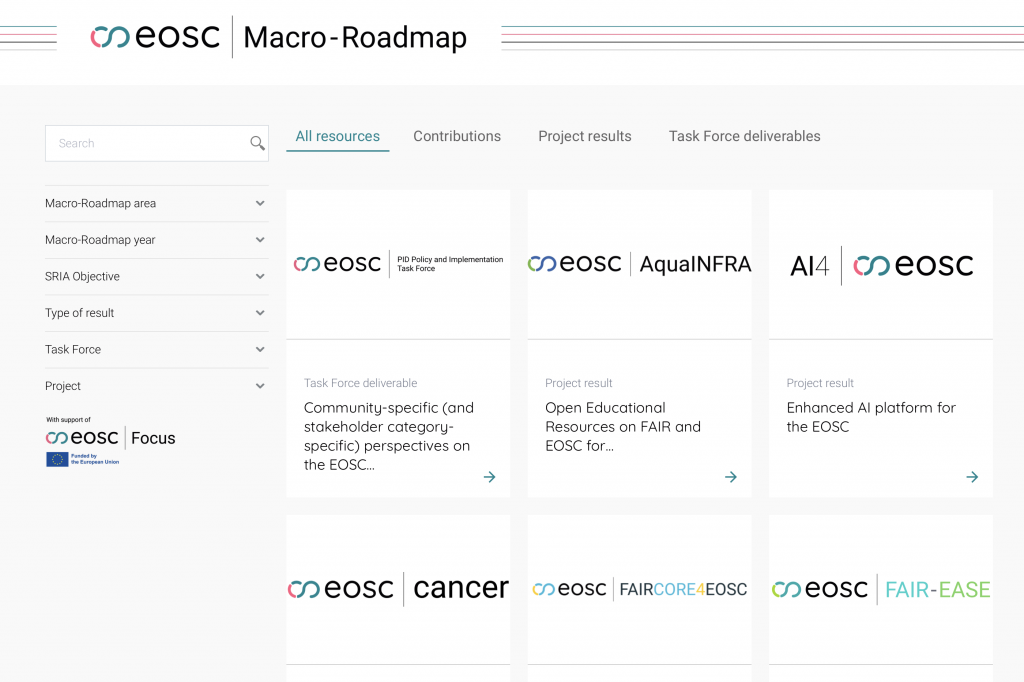 The Macro-Roadmap for the implementation of EOSC is an interactive catalogue of the results of EU projects developing EOSC and the deliverables of the EOSC-A Task Forces. Over the coming months, selected in-kind contributions of the EOSC-A membership and other use cases will be added to the Macro-Roadmap.