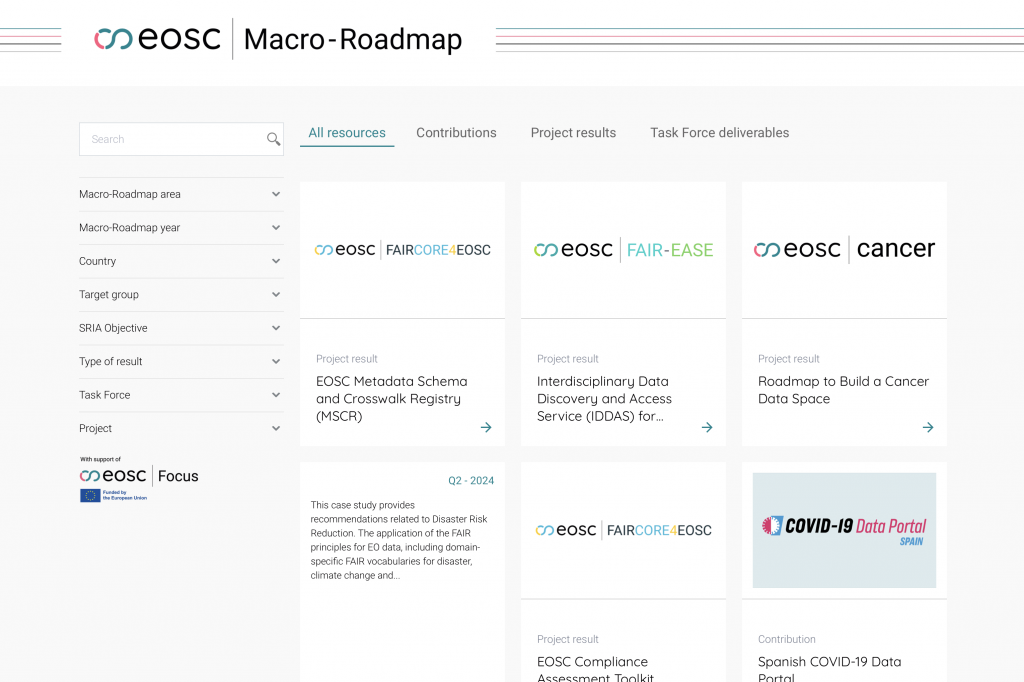 The Macro-Roadmap for the implementation of EOSC is an interactive catalogue of the results of EU projects developing EOSC and the deliverables of the EOSC-A Task Forces. Over the coming months, selected in-kind contributions of the EOSC-A membership and other use cases will be added to the Macro-Roadmap.